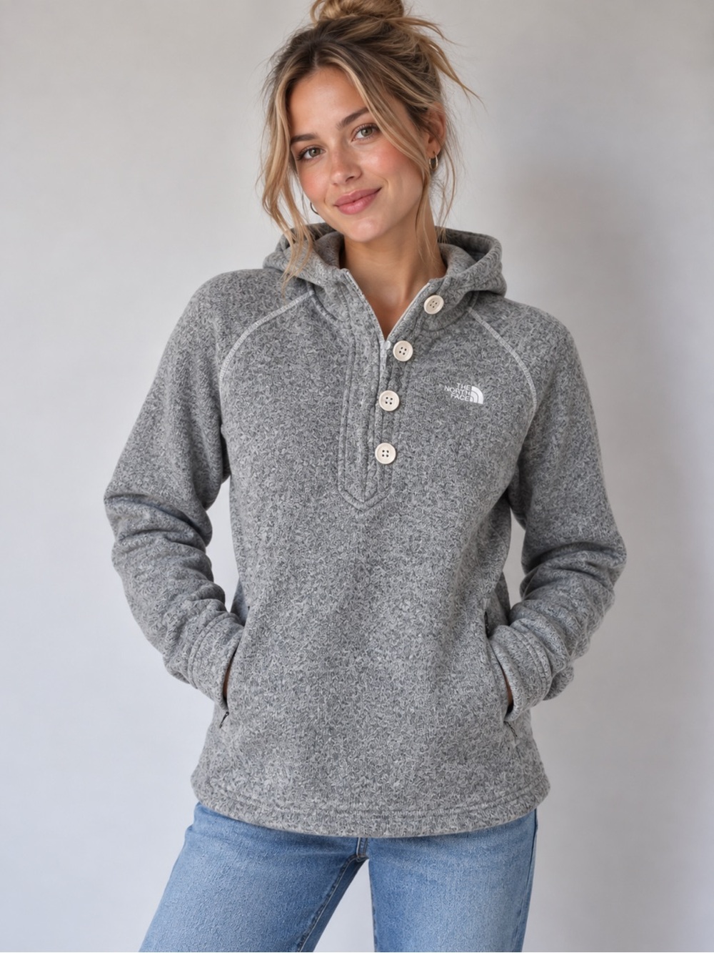The North Face Gray Hooded Fleece Pullover Size L Cozy Outdoor Gorpcore Hiking